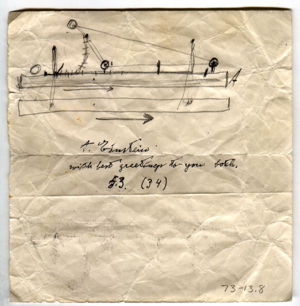 Manuscript [73.13.8]: Pencil Sketch by Albert Einstein Illustrating Light Contraction (Princeton, NJ, 1934)