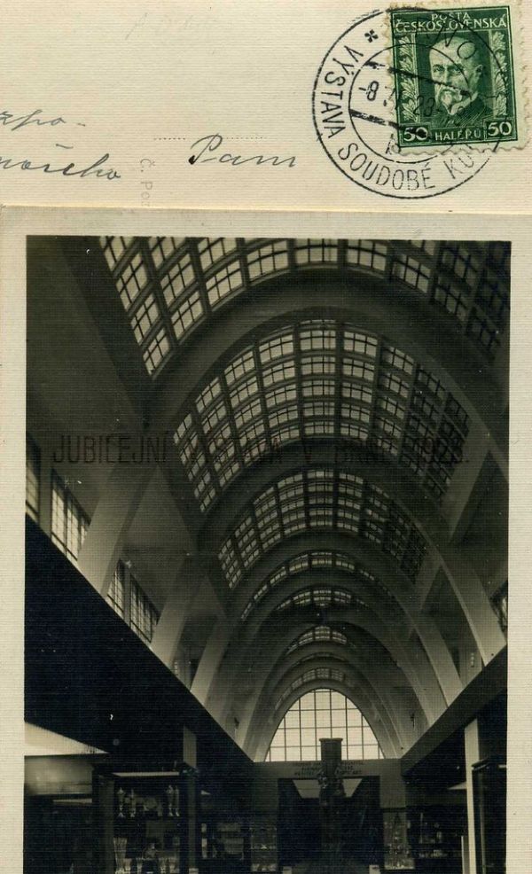 Czech modernist parabolic concrete roof - Palace of Commerce and Industry, Interior, Brno Exhibition of Contemporary Culture- Výstava Soudobé Kultury, 1928 Postcard