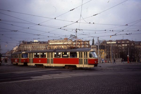 Brno Tramvaj. Tatra T3 2 car set, Linka 18, March 1992