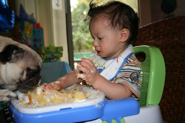Sharing birthday cake.