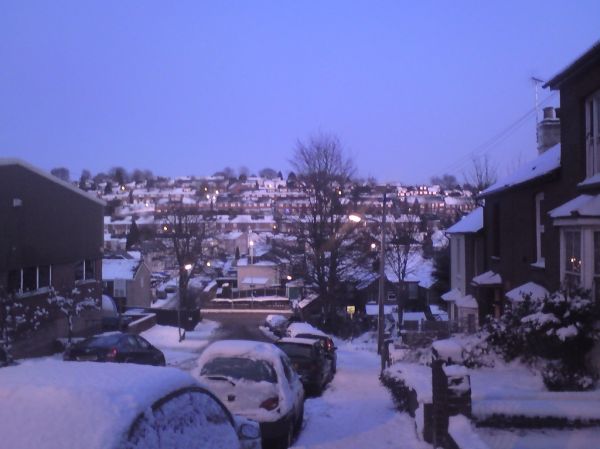 small town winter dusk cold hill