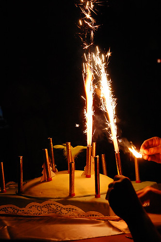 Birthday cake with sparkling candles
