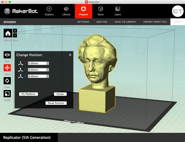 3D-scanned statue of Albert Einstein 3D-printed on a MakerBot Replicator Desktop 3D-printer